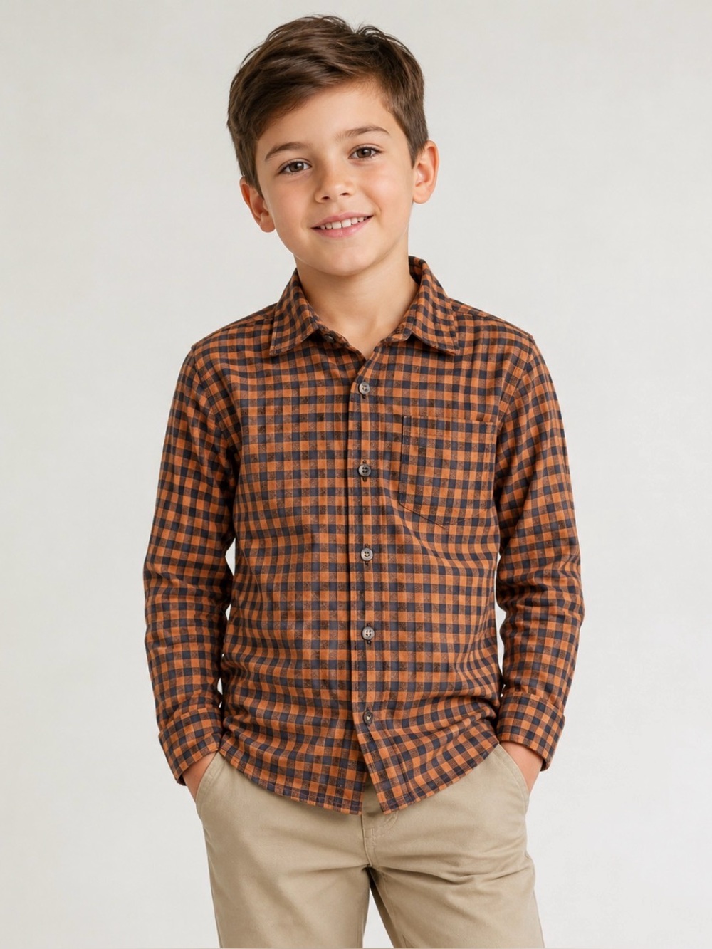 Cat & Jack Orange and Black Plaid‎ Button-Up Shirt
